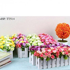 Mua Giỏ hoa hàng rào gỗ hoa hồng nhí giả cắm sẵn 16cm trang trí nhà cửa  decor cửa sổ  bàn làm việc  kệ tủ