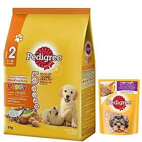 Combo thức ăn cho chó con Pedigree 3kg vị gà,trứng và sữa + sốt chó con Pedigree 80g vị gà,gan,trứng và rau