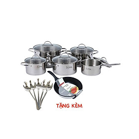 Combo Bộ nồi inox 304 và chảo chống dính cao cấp Fivestar 6 món nắp kính , 3 đáy dùng được bếp từ , hồng ngoại , gas, tặng 10 muỗng ăn