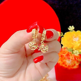 Bông tai nữ kim tiền trái châu màu vàng 18 cao cấp