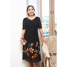 Đầm trung niên bigsize - Đầm suông voan hoa cổ tim TIFALU705