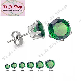 Bông tai inox đá tròn màu xanh lá cao cấp (1 đôi) không đen, không gỉ sét, không dị ứng