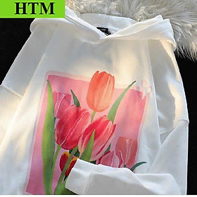 Áo Khoác Nỉ Hoodie Form Rộng Áo Dày Dặn Trước Áo In Hình Bông Hoa TULIP HTM FASHION - Trắng