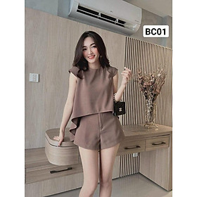 Sét bộ áo babydoll vạt cao thấp cổ tròn và quần ngắn