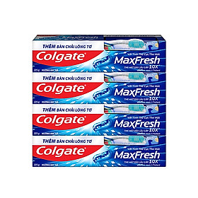Bộ 4 Kem đánh răng Colgate bạc hà the mát Maxfresh 225g/tuýp tặng bàn chải đánh răng lông mềm