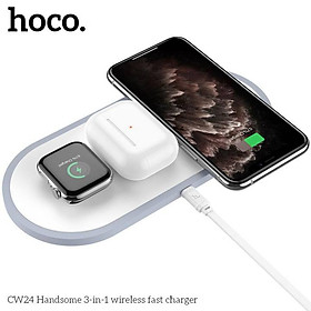 Đế sạc Hoco cw24 nhanh không dây 10W 3 in 1 - dock sạc không dây Qi cho iphone x 11 pro  samsung andoird - hàng chính hãng