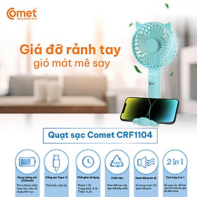 Quạt Sạc Cầm Tay COMET CRF1104 Công Suất 3W, Pin 1200mAh, Có Đế Rời, Kích Thước Nhỏ Gọn - Hàng chính hãng