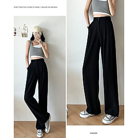 Quần Ống Rộng Suông lưng cao khóa trước 1 khuy chất tuyết mưa khuy giữa quần culottes ống xuông cạp cao cho nữ
