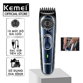 Tông đơ cắt tóc gia đình Kemei KM-1256 cữ lược kèm điều chỉnh 10 mức độ dài sạc USB dùng cắt tóc được cho trẻ em và người lớn