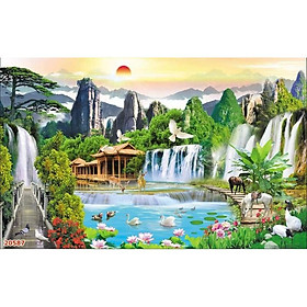 Tranh dán tường 3D sơn thủy hữu tình , phong cảnh, thác nước nhận in theo kích thước yêu cầu