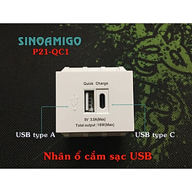 Bộ sạc nhanh lắp âm tường Ổ cắm USB lắp mặt âm tường Sinoamigo P21-QC1 công nghệ QC sạc siêu nhanh (gồm 1 cổng USB-C, 1 cổng USB-A)  hàng chính hãng