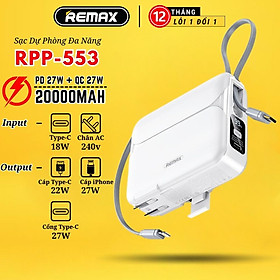 Mua Sạc dự phòng 20000mAh kiêm củ sạc Remax RPP 553 thiết kế kèm dây sạc nhanh 27w cho 14 Serie - Hàng Chính Hãng Remax