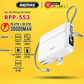 Sạc dự phòng 20000mAh kiêm củ sạc Remax RPP 553 thiết kế kèm dây sạc nhanh 27w cho 14 Serie - Hàng Chính Hãng Remax - Màu Trắng