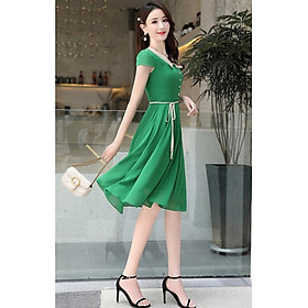 Đầm xòe cổ ve trắng thắt eo duyên dáng size từ 40-71kg