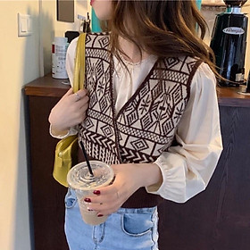 MS290 Áo gile croptop hoạ tiết 4 khuy len mỏng