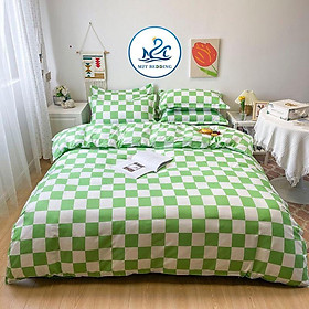 Bộ chăn ga gối Cotton Poly M2T Bedding vỏ chăn mền, drap nệm và 2 vỏ gối nằm - PL Bàn cờ vua xanh lá