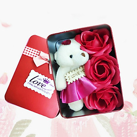 Hộp quà chữ nhật gấu và hoa hồng sáp 3 bông quà tặng phụ nữ, tặng bạn gái, người yêu màu ngẫu nhiên