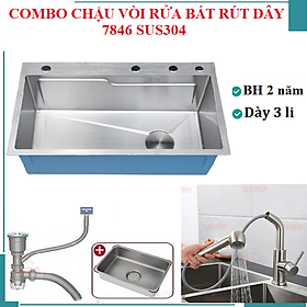Mua Combo chậu rửa chén 1 hố 7846 sus304 Valenza vòi rửa bát nóng lạnh dây rút 02 bộ xả khay inox bình rửa bát- Dày 3li