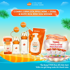 Combo 2 bình sữa Wesser PPSU ( 140ml + 250ml) + 1 Nước rửa bình sữa gói Wesser