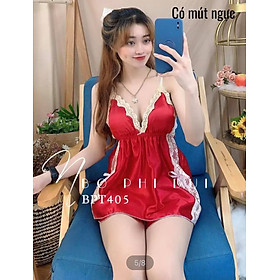 Bộ đồ ngủ 2 dây chất phi bóng mềm mịn có mút ngực viền ren hai bên mã 5