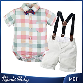 Bộ quần áo sơ sinh bé trai cao cấp, phong cách công tử, sơ mi cộc tay & quần dây đeo, áo cotton mịn mát, quần vải thô dày dặn | MB11
