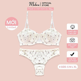 Set đồ lót không đệm có gọng nâng ngực cotton wafle cao cấp hoạ tiết cherry trẻ trung cao cấp Mebra S008