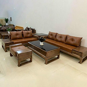 Bộ sofa góc tay vuông gỗ sồi nga , Bộ ghế sofa 2 văng chân quỳ