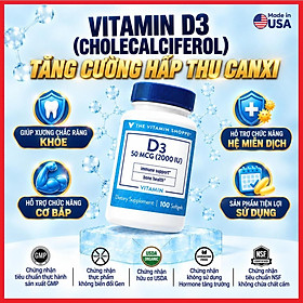 Vitamin D3 50 mcg 2000 IU 100v – Bổ sung Vitamin D3 tăng cường hấp thu Canxi, giúp chắc xương, khoẻ răng, hỗ trợ chức năng cơ bắp, tăng cường miễn dịch