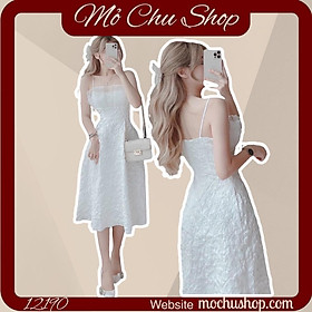 ĐẦM XÒE GẤM HOA NỔI 2S TRẮNG XẾP LY NGỰC PHỐI VOAN 12191