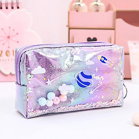 Hộp bút siêu rộng hình vũ trụ chống thấm phối hạt sequin lấp lánh chuyển động họa tiết in laser sắc nét – H045