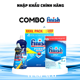 COMBO FINISH: Viên rửa bát Finish All in one 100 viên + Muối Finish 1.2kg + Nước làm bóng Finish 1150ml