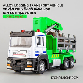Đồ chơi xe ô tô vận chuyển gỗ KAVY-42 bằng hợp kim nguyên khối có nhạc và đèn chạy cót - Màu xanh