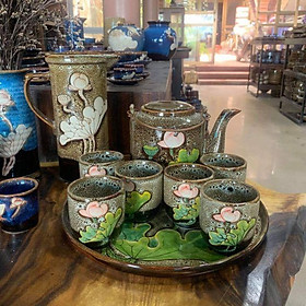 Mua Bộ ấm trà vẽ sen nổi  men gấm hoa