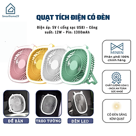 Quạt Tích Điện Đa Năng Có Đèn, Quạt Treo Tường, Để Bàn Kiêm Đèn Ngủ 3 In 1, Quạt Cầm Tay Tích Hợp Đèn Led Pin 1300mAh - HÀNG CHÍNH HÃNG MINIIN