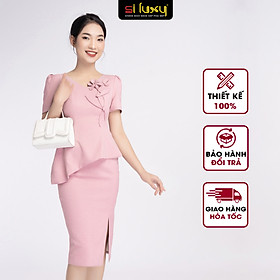 Bộ đầm công sở Siluxy Blend hồng Thiết Kế Cao Cấp Giới Hạn Số Lượng dáng ôm eo peplum hoa xếp tay thủ công H3-5