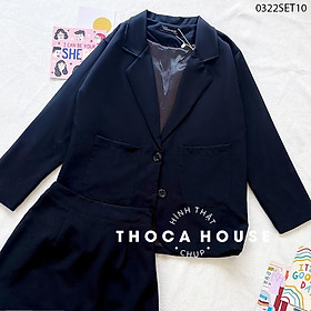 Set áo khoác vest 2 túi phối chân váy lưng thun THOCA HOUSE vải dày đi làm, đi học freesize dưới 56kg