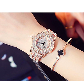 Đồng hồ thời trang nữ Lb1, mặt tròn đính đá dây kim loại - không kèm vòng tay