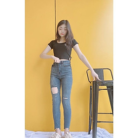 Quần jeans rách gối vải co dãn ôm chân ảnh thật tự chụp