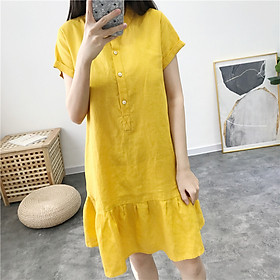 Đầm suông nữ linen cổ tàu phối cúc, đầm suông đuôi cá trê trung Da80