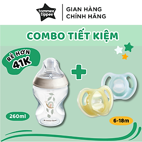 COMBO Ty Ngậm Silicon Siêu Nhẹ Tommee Tippee Ultra Light 6-18m & Bình Sữa PP Ty Siêu Mềm Tommee Tippee 260ml, Họa Tiết