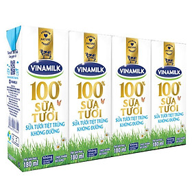 [Chỉ giao HCM] Sữa tươi tiệt trùng Vinamilk 100% không đường lốc 4x180ml-3323596