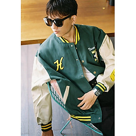 Áo khoác cardigan nam nữ vải nỉ ngoại in chữ H, áo cardigan unisex from rộng in chữ phía sau lưng My Life Carp phong cách ulzzang, áo khoác bóng chày bomber gài nút bấm phối viền ở cổ hàn quốc