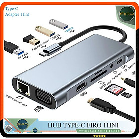 Hình ảnh Hub Type C FIRO 11in1 - Hub Chuyển Đổi Type C To HDMI Chuẩn HDTV - 1 Cổng HDMI 4K, 1 Cổng VGA, 1 Cổng Mạng Lan, 1 Cổng Type C PD, 4 Cổng USB 3.0&2.0, 2 Khe Đọc Thẻ TF/SD, 1 Cổng Audio - Kết Nối Tốc Độ Cao-Dùng Cho Smartphone/Laptop/PC/Tivi-Hàng Chính Hãng