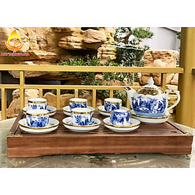 Bộ ấm chén Bát Tràng bọc đồng men lam tích Trúc Lâm Thất Hiền