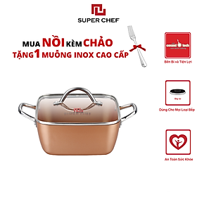 Nồi Vuông Bếp Từ Super Chef Cao Cấp Tráng Men Gốm Ceramic Chống Dính An Toàn Sức Khỏe, Không Bong Tróc, Hạn Chế Trầy, Dày Dặn Chín Đều (Size 20, 24cm)