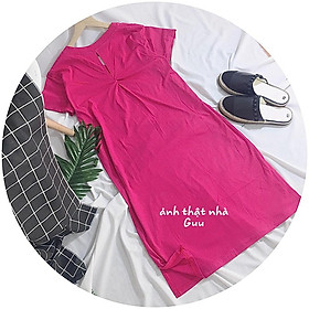 Đầm suông nữ cotton form rộng - Đầm suông xoắn lưng cổ tim - CM Shop