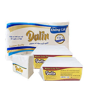 COMBO 1 GIẤY VỆ SINH 6 CUỘN KHÔNG LÕI, 2 KHĂN BẾP/LAU TAY VÀ 1 GÓI KHĂN LỤA VUÔNG NHỎ CAO CẤP DALIN