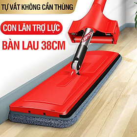 Hình ảnh Cây lau nhà tự vắt Kitimop-Red bàn lau lớn 38cm, con lăn trợ lực, thanh thép không gỉ, khớp xoay 360 độ, 2 bông lau