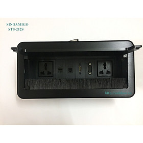 Ổ điện âm bàn văn phòng Sinoamigo STS-130B màu đen, thiết kế nắp lật, mặt nắp nhôm xước dễ bền đẹp, Ổ cắm lắp theo yêu cầu: điện, lan, tel, hdmi, vga, usb sạc