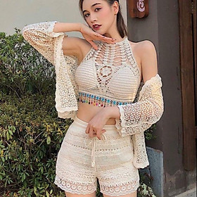 Set nữ 3 món ren bikini đi biển áo yếm áo khoác quần short